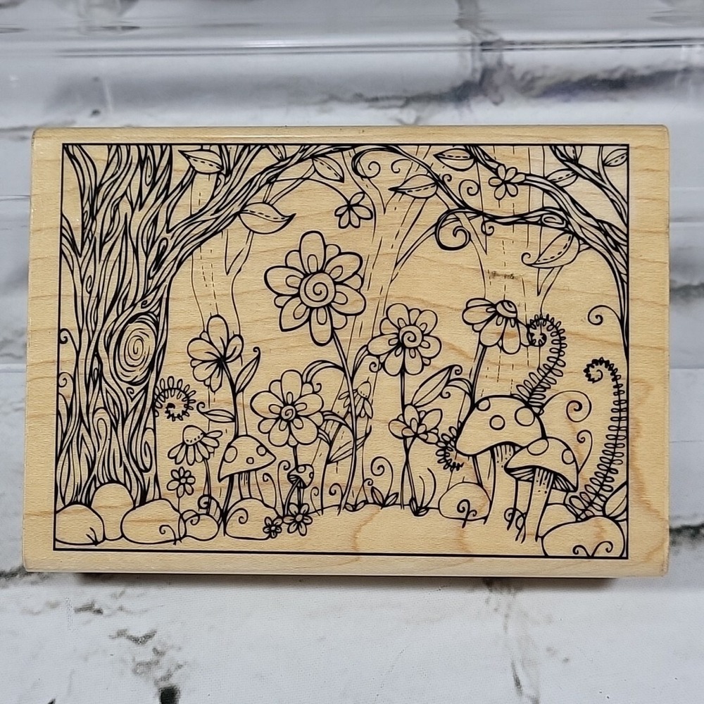 Hampton Art Rubber Stamp #PS065 Happy Forest Flowers Mushrooms Crafts